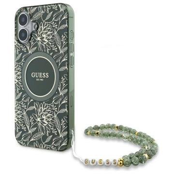 iPhone 16 Plus Guess IML Flowers Allover Electro Cover med Perlestrop - MagSafe-kompatibel - Grøn