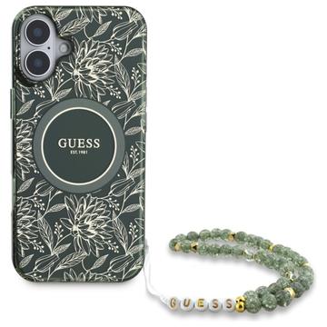 iPhone 16 Plus Guess IML Flowers Allover Electro Cover med Perlestrop - MagSafe-kompatibel - Grøn