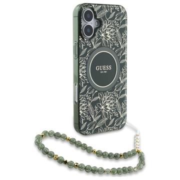 iPhone 16 Plus Guess IML Flowers Allover Electro Cover med Perlestrop - MagSafe-kompatibel - Grøn