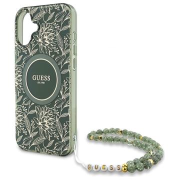 iPhone 16 Plus Guess IML Flowers Allover Electro Cover med Perlestrop - MagSafe-kompatibel - Grøn