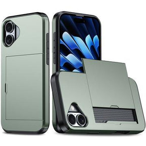 iPhone 16 Plus Hybrid Cover med Glidende Kortslot - Army Grøn