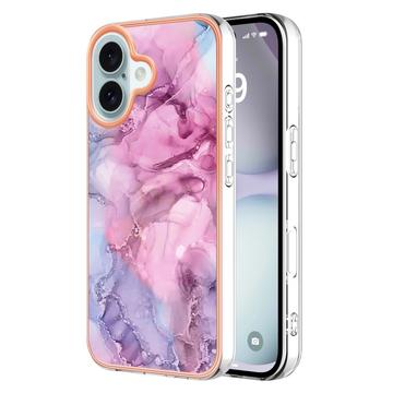 iPhone 16 Plus Marmormønster Galvaniseret IMD TPU Cover - Blå / Pink