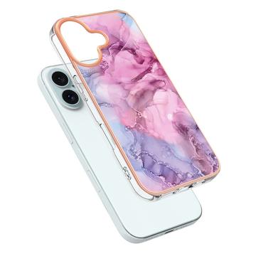iPhone 16 Plus Marmormønster Galvaniseret IMD TPU Cover - Blå / Pink