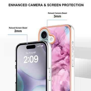 iPhone 16 Plus Marmormønster Galvaniseret IMD TPU Cover - Blå / Pink