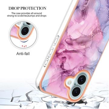 iPhone 16 Plus Marmormønster Galvaniseret IMD TPU Cover - Blå / Pink