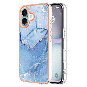 iPhone 16 Plus Marmormønster Galvaniseret IMD TPU Cover - Blå