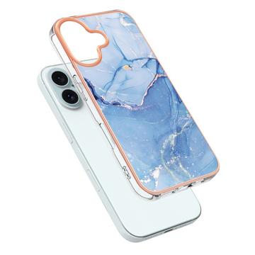 iPhone 16 Plus Marmormønster Galvaniseret IMD TPU Cover - Blå