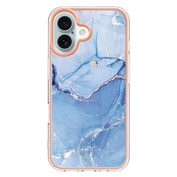 iPhone 16 Plus Marmormønster Galvaniseret IMD TPU Cover - Blå