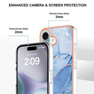 iPhone 16 Plus Marmormønster Galvaniseret IMD TPU Cover - Blå