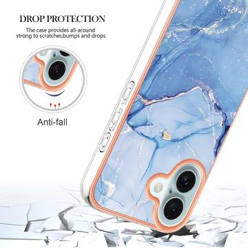 iPhone 16 Plus Marmormønster Galvaniseret IMD TPU Cover - Blå