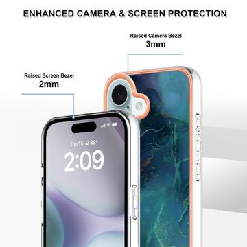 iPhone 16 Plus Marmormønster Galvaniseret IMD TPU Cover - Grøn