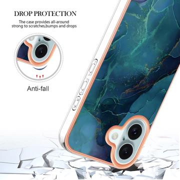iPhone 16 Plus Marmormønster Galvaniseret IMD TPU Cover - Grøn