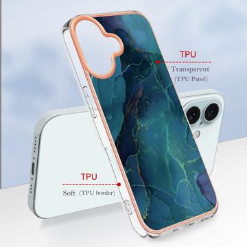 iPhone 16 Plus Marmormønster Galvaniseret IMD TPU Cover - Grøn