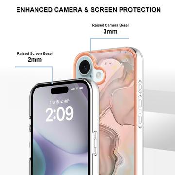 iPhone 16 Plus Marmormønster Galvaniseret IMD TPU Cover - Pink