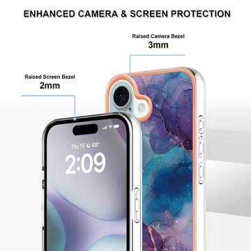 iPhone 16 Plus Marmormønster Galvaniseret IMD TPU Cover - Lilla