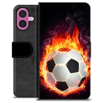 iPhone 16 Plus Premium Flip Cover med Pung - Fodbold Flamme