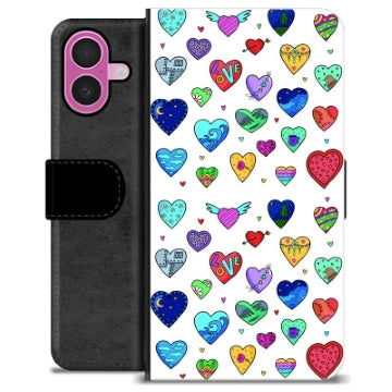 iPhone 16 Plus Premium Flip Cover med Pung - Hjerter