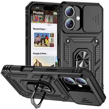 iPhone 16 Plus Roterende Ring Hybrid Cover med Kameraskjold - Sort