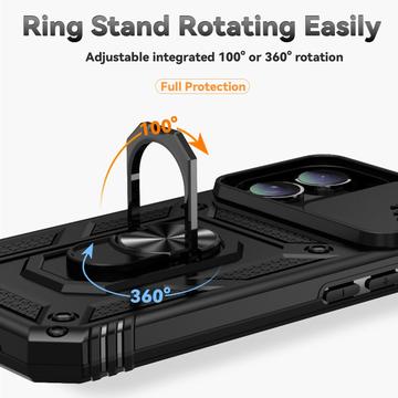 iPhone 16 Plus Roterende Ring Hybrid Cover med Kameraskjold - Sort