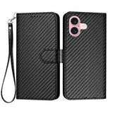 iPhone 16 Premium Wallet-etui med rem - kulfiberstruktur - kulsort