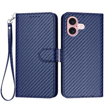 iPhone 16 Premium Wallet-etui med rem - kulfiberstruktur - Kulstofblå