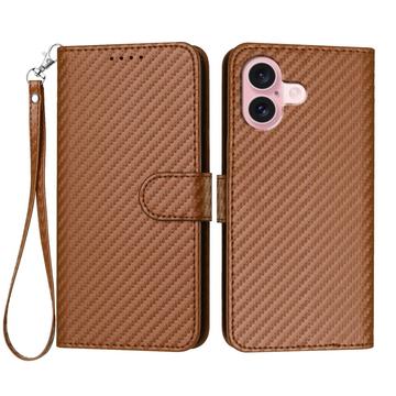 iPhone 16 Premium Wallet-etui med rem - kulfiberstruktur - Kulstofkaffe