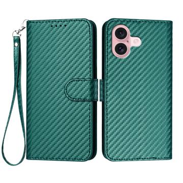 iPhone 16 Premium Wallet-etui med rem - kulfiberstruktur - Kulstofgrøn