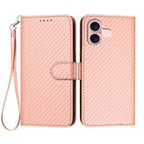 iPhone 16 Premium Wallet-etui med rem - kulfiberstruktur - Kulstoflyserød