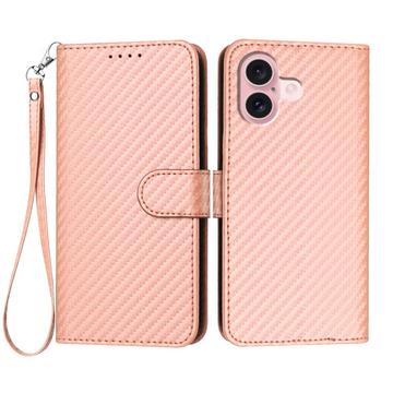 iPhone 16 Premium Wallet-etui med rem - kulfiberstruktur - Kulstoflyserød