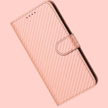 iPhone 16 Premium Wallet-etui med rem - kulfiberstruktur - Kulstoflyserød