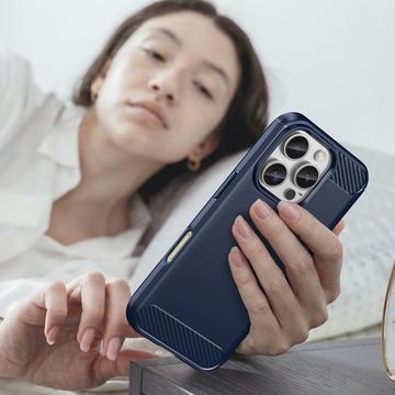 iPhone 16 Pro Børstet TPU Cover - Karbonfiber - Blå