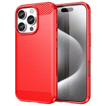 iPhone 16 Pro Børstet TPU Cover - Karbonfiber - Rød