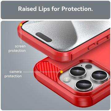 iPhone 16 Pro Børstet TPU Cover - Karbonfiber - Rød
