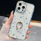 iPhone 16 Pro CrystalGlow Hybrid Cover med Ringholder - stjerner / gennemsigtig