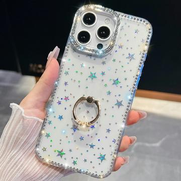 iPhone 16 Pro CrystalGlow Hybrid Cover med Ringholder - stjerner / gennemsigtig