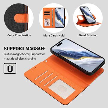 iPhone 16 Pro aftageligt pungetui med MagSafe, RFID-beskyttelse og håndrem - sort / orange