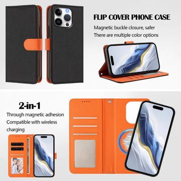 iPhone 16 Pro aftageligt pungetui med MagSafe, RFID-beskyttelse og håndrem - sort / orange