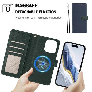 iPhone 16 Pro aftageligt pungetui med MagSafe, RFID-beskyttelse og håndrem - blå / grøn