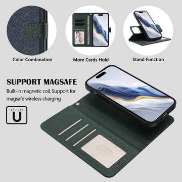 iPhone 16 Pro aftageligt pungetui med MagSafe, RFID-beskyttelse og håndrem - blå / grøn