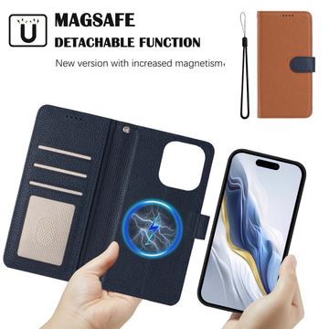iPhone 16 Pro aftageligt pungetui med MagSafe, RFID-beskyttelse og håndrem - brun / blå