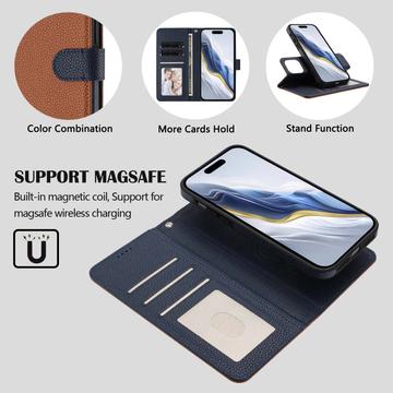iPhone 16 Pro aftageligt pungetui med MagSafe, RFID-beskyttelse og håndrem - brun / blå