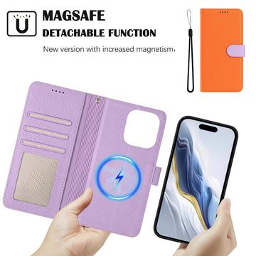 iPhone 16 Pro aftageligt pungetui med MagSafe, RFID-beskyttelse og håndrem - orange / lilla