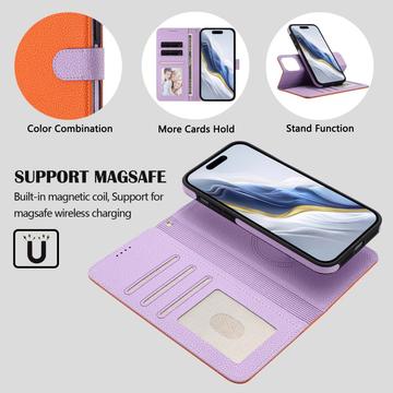 iPhone 16 Pro aftageligt pungetui med MagSafe, RFID-beskyttelse og håndrem - orange / lilla