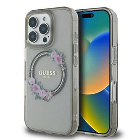 iPhone 16 Pro Guess IML Flowers Wreath Cover - MagSafe-kompatibel - sort