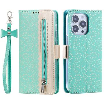iPhone 16 Pro Lace Pattern Etui med Pung - Mint Grøn