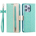 iPhone 16 Pro Lace Pattern Etui med Pung - Mint Grøn