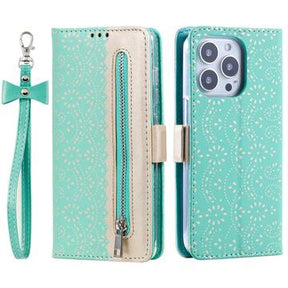 iPhone 16 Pro Lace Pattern Etui med Pung - Mint Grøn