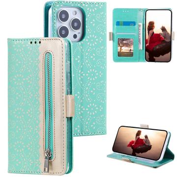 iPhone 16 Pro Lace Pattern Etui med Pung - Mint Grøn