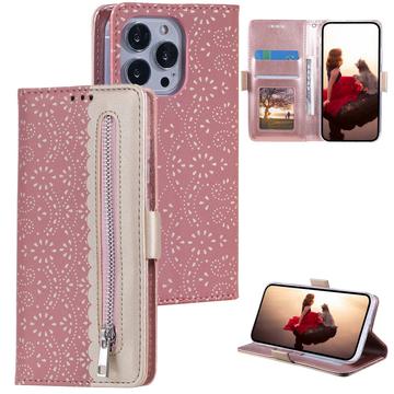 iPhone 16 Pro Lace Pattern Etui med Pung - Rødguld