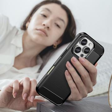 iPhone 16 Pro Max Børstet TPU Cover - Karbonfiber - Sort